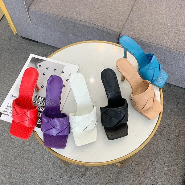 

slippers casual med thin heels shoes heeled mules slides slipers women luxury high 2021 spring pu sewing fabric basic, Black