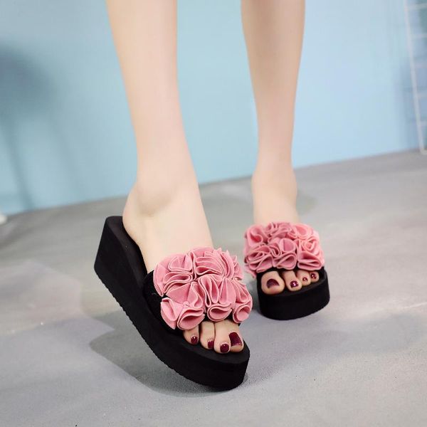 

beach shoes house slippers platform on a wedge low women heels rubber flip flops pantofle slides fashion sabot high hawaiian, Black