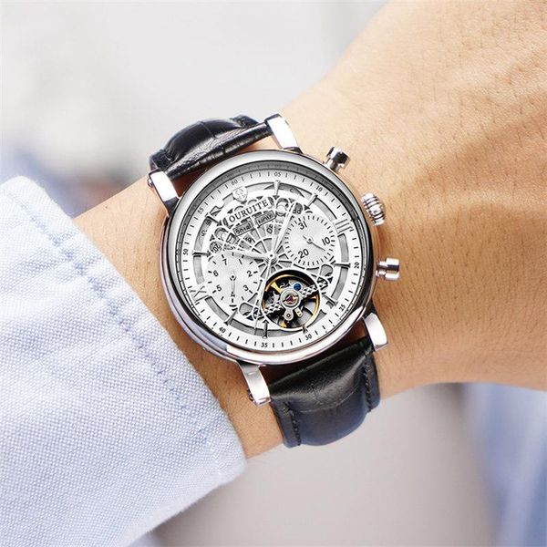 

wristwatches automatic mechanical watch fashion tide leather waterproof hollow business, Slivery;brown