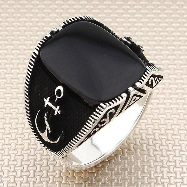 

cluster rings vintage oxidized rectangle black onyx stone men silver ring with anchor motif made in turkey solid 925 sterling, Golden;silver