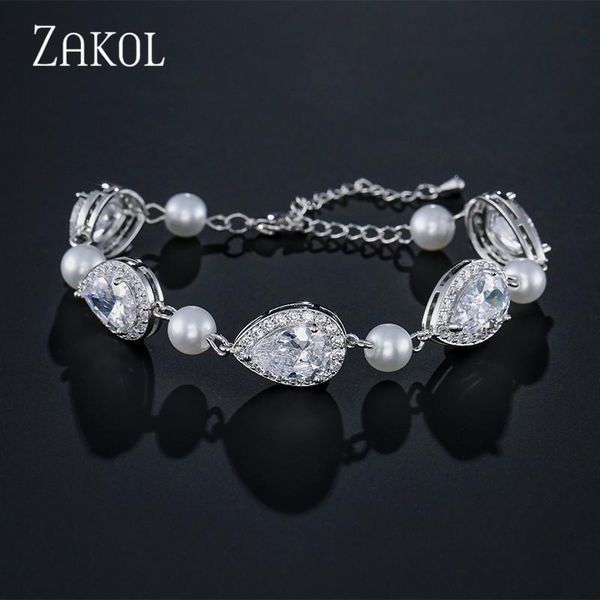 

link, chain zakol luxury cubic zirconia bracelet for elegant women fashion imitation pearl bridal wedding jewelry christmas gift fsbp2101, Black
