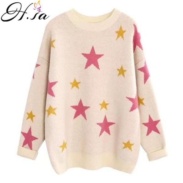 H.SA Moda Coreana Senhoras Manga Completa Casual Pulôver e Camisola Estrelas Coloridas Puxar Jumpers Oversized Inverno Grosso Suéteres 210417