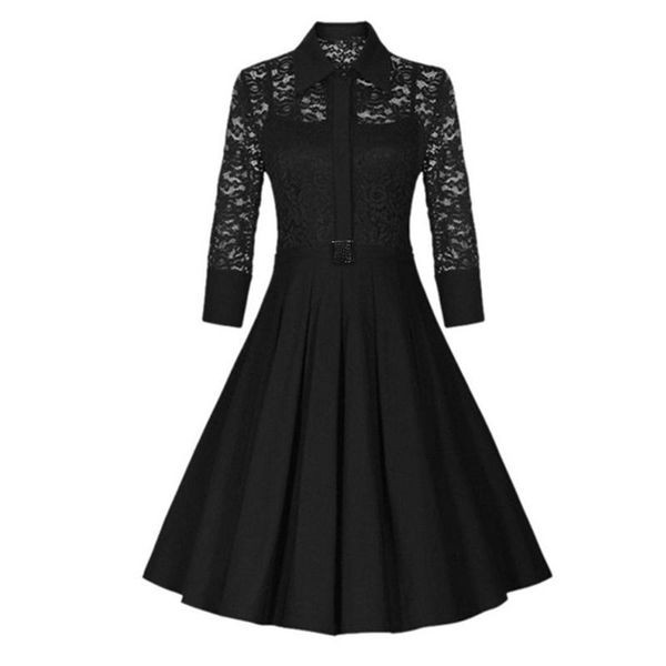 

patchwork elegant daily family gathering lace dating pullover cotton blend lapel collar party 1/2 sleeve women dress casual dresses, Black;gray