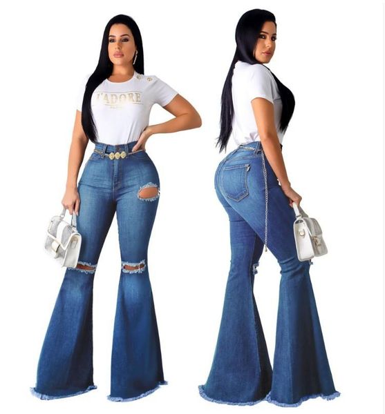 

women's jeans hollow out ripped high waist women spring casual skinny tassel bell bottom female slim blue denim flare pants