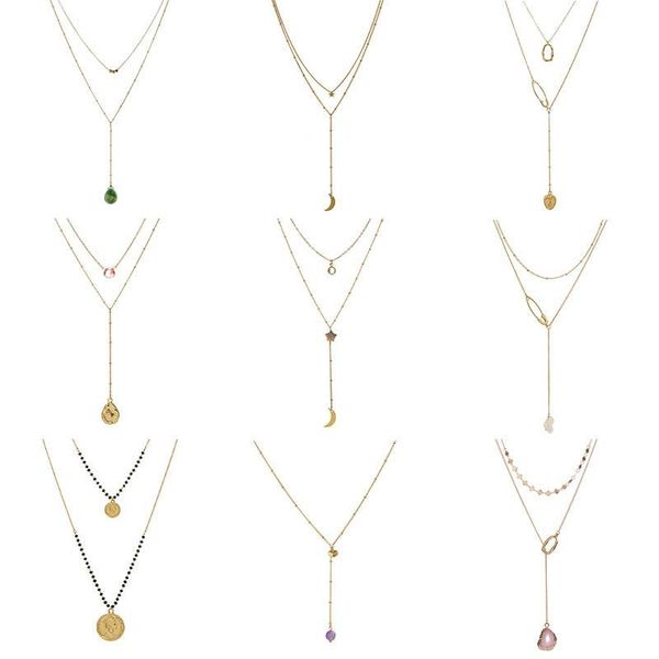 

pendant necklaces double coin printing queen necklace multi layered black resin beads natural stone face moon star gold chain for women, Silver