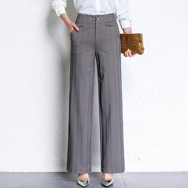

women's pants & capris 2021 korean striped wide leg ol high waist office lady full length flat fashion trousers thin style for summer, Black;white