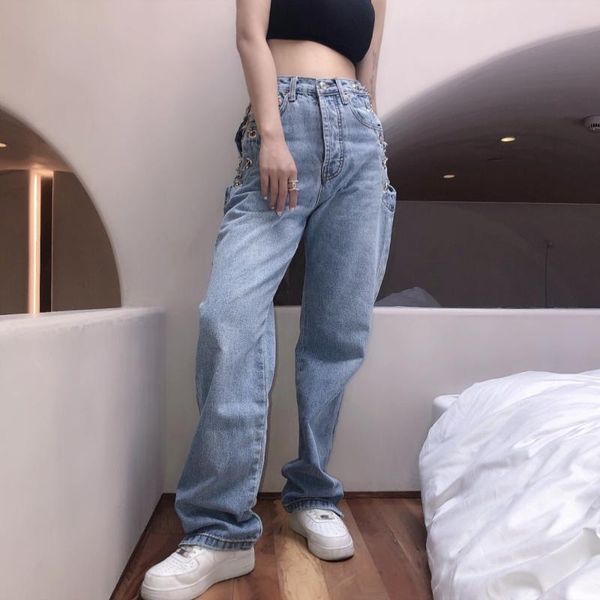 

women's jeans harajuku high waist quality hollow out chain design slim woman leisure streetwear commute strgight mujer woman's, Blue