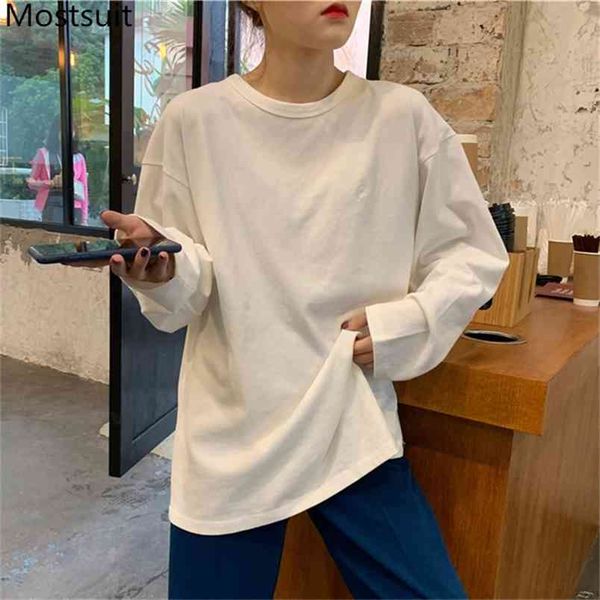 

solid basic embroidered women t shirt tees spring autumn full sleeve o-neck loose casual fashion pullovers t-shirts 210513, White
