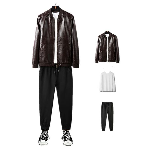 

gym clothing mens 3 piece suits stand collar faux leather jackets american thicken warm outwear joggers pants crewneck sweatshirt, White;black