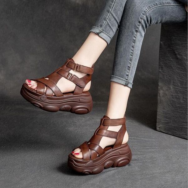 

dress shoes roman-style comfortable sloping heels for women with high toe layer of cowhile-leather retro chunky rocking sandals, Black