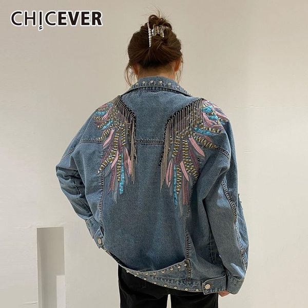 

women's jackets chicever casual patchwork rivets denim coat for women lapel long sleeve embroidery straight korean female spring stylis, Black;brown