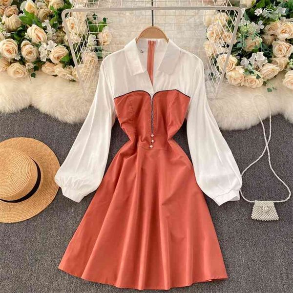 

autumn arrivals women's temperament lapel contrast color stitching puff sleeve bowknot slim short dress uk855 210506, Black;gray