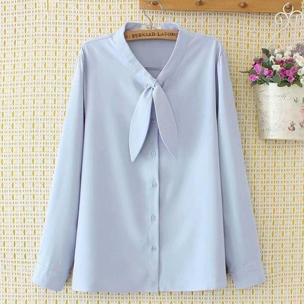 

plus size t-shirt chiffon solid sky blue navy white bow women loose shirts 2021 spring autumn ladies blouse female oversize