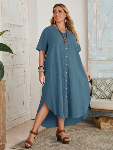 

plus single breasted curved hem dress q6qg#, Black