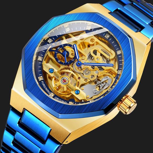 

wristwatches forsining fashion blue dial mechanical mens watches brand tourbillon business stainless steel automatic male, Slivery;brown