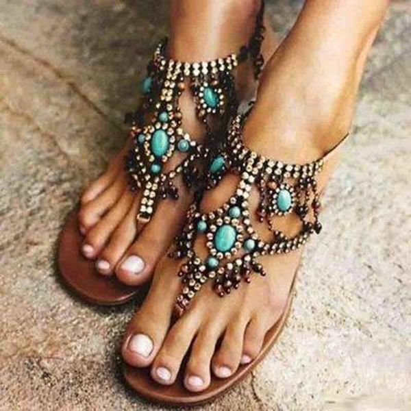 

national flat casual retro vintage sandals female wind comfortable beaded pin sequins women's sandalias mujer 2021, Black