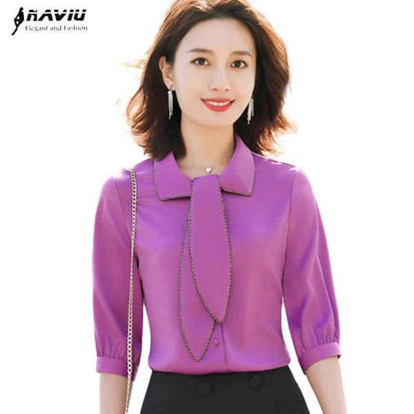 

women clothes fashion half sleeve chiffon bow shirt professional slim temperament wild blouses office ladies work 210604, White