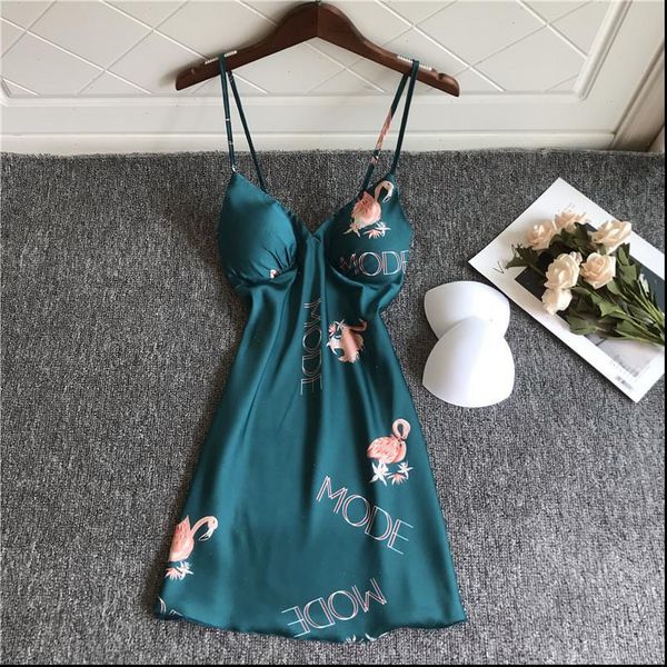 

print flamingo v women sleepwear neck night dress sleeveless faux silk nightgowns satin nightdress nightwear, Black;red