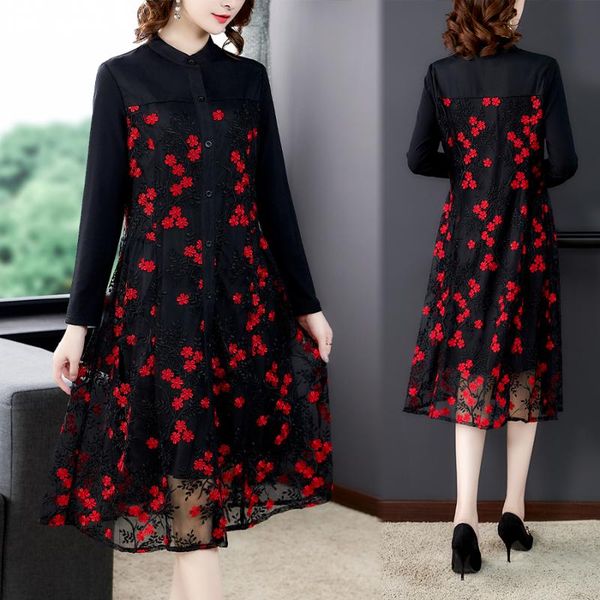 

women's trench coats spring vintage red floral embroidery 5xl plus size autumn classic casual midi coat elegant bodycon women long wind, Tan;black