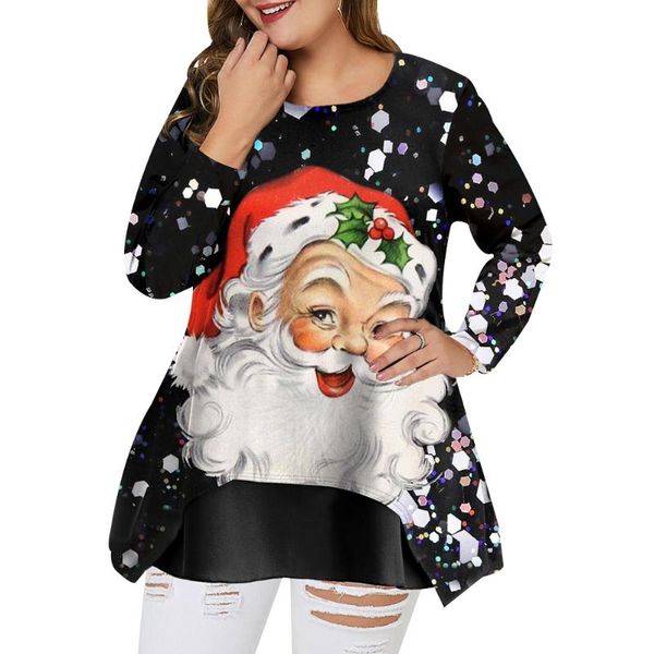 

plus size t-shirt 5xl ladies 3d cartoon santa claus print t shirt women o-neck long sleeve loose christmas casual oversized top, Black