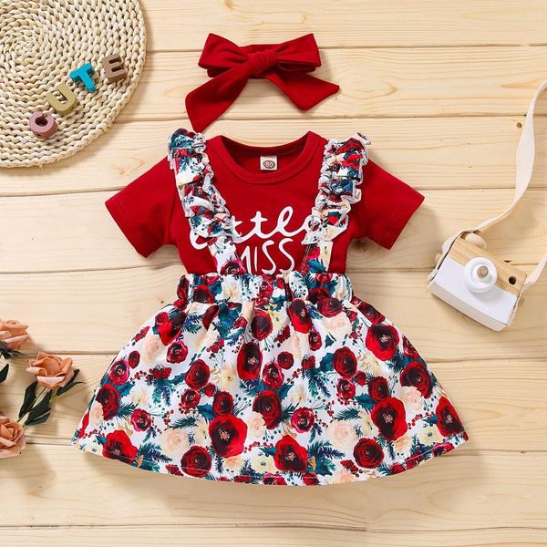 

summer dress set infant baby girl letter romper bodysuit+floral suspender skirt headbands outfits vestidos de verano#35 clothing sets, White