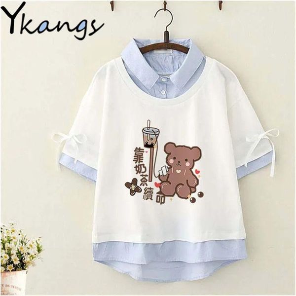 

women's t-shirt splicing fake two bear print sweet cute shirt blue white summer short sleeve comfortable japanese style harajuku cloth