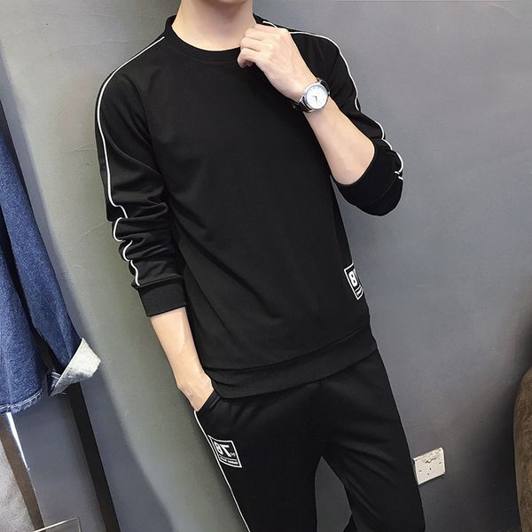 

leisure autumn long men's sve round ne sweater pants two-piece suit youth men's wear, Black