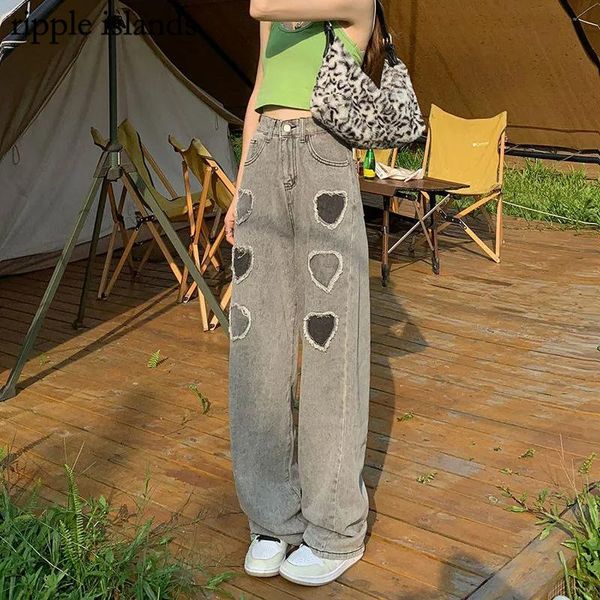 

women's jeans ripple islands-women's y2k cargo pants women lovely love frayed korean style high waist straight, Blue