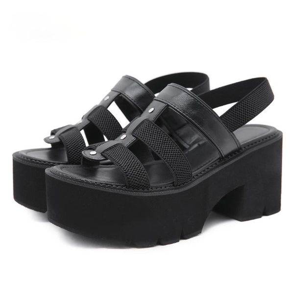 

sandals rasmeup plus size 43 platform women thick bottom soft comfort shoe elastic band strap rome style hollow out ins, Black