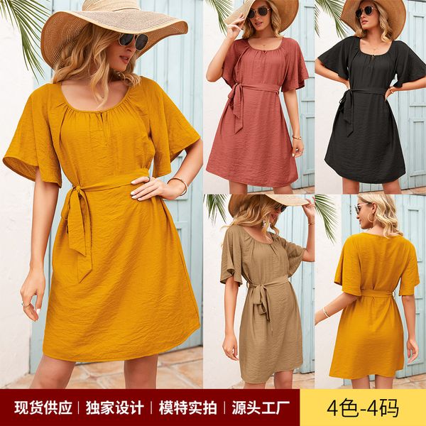 

2021 summer new women's dress lace up short sleeve round neck solid dress, Black