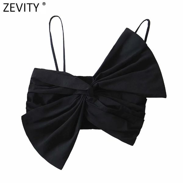 

zevity women bow knotted black sling blouse female back elastic spaghetti strap shirts chic slim crop ls7675 210419, White
