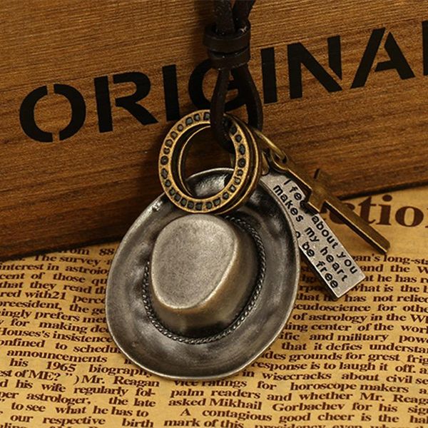 

pendant necklaces cowboy hat style & pendants men jewelry cool punk fashion genuine leather necklace lkn0009, Silver