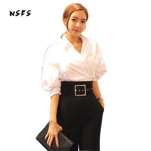

wsfs 2 pieces autumn white shirts dress for women office long batwing sleeve bandage wide leg pants dresses womens vestido women's two