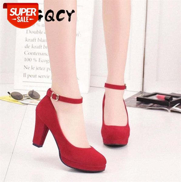 

ankle strap high heels sweet women's pumps flock woman thick platform mary jane women party shoes buckle ladies footwear #a35e, Black