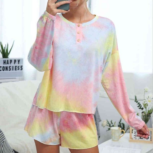 

autumn long-sleeved button tie-dye o-neck home casual and shorts women two piece outfits suit shorts set womens clothing 210514, White