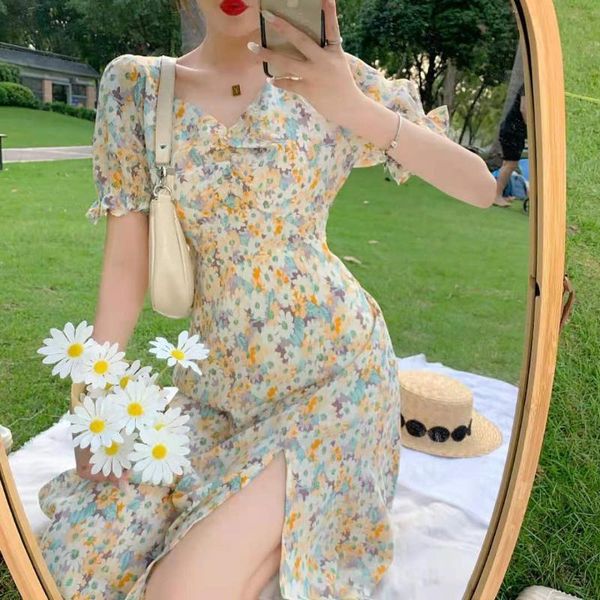 

casual dresses herstory korean chic vintage daisy print dress women puff sleeve sundress robe high waist a-line summer party vestidos, Black;gray