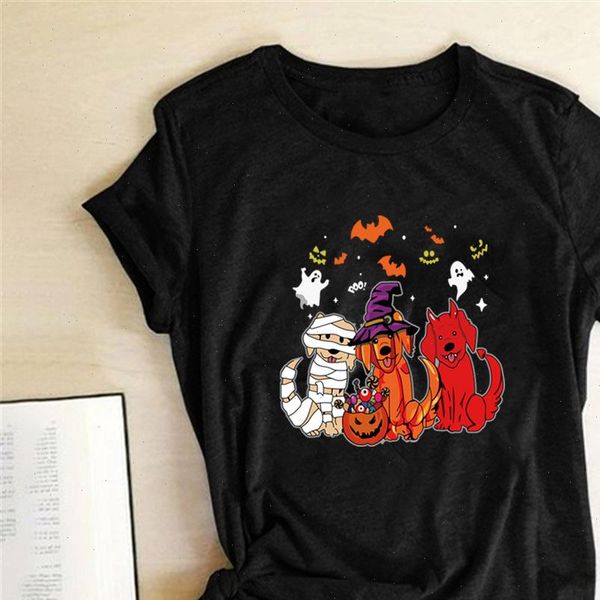 

dogs bats pumpkin ghost womens t shirts print halloween summer aesthetic clothes loose o neck graphic tees harajuku ropa de, White