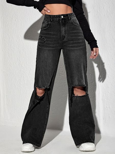 

high waisted ripped wide leg jeans k21u#, Blue