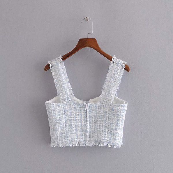 

nlzgmsj za women 2021 fashion with buttons frayed tassel tweed cropped blouses vintage backless zipper female shirts chic, White