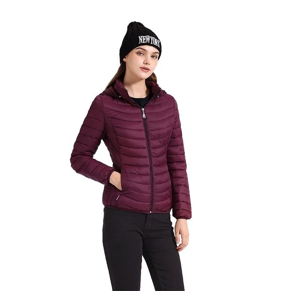 SANTELON Inverno Donna Giacca imbottita calda Cappotto Slim Short Parka Abbigliamento esterno Ultralight Sport Outwear Negozio portatile in una borsa 211013