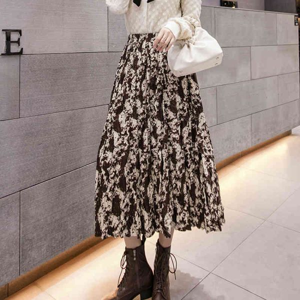 

skirts autumn ink printed a-line pleated long spring crepe uuu7, Black
