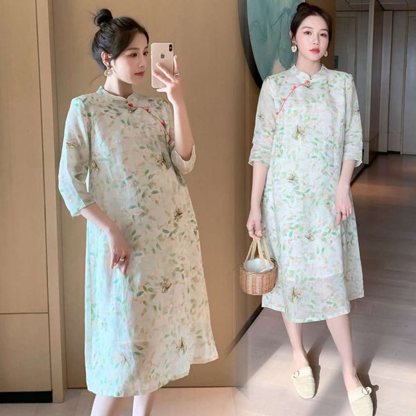 

pregnant women's chinese style improved cheongsam printing fashion spicy mother chaoma dress, Black;gray