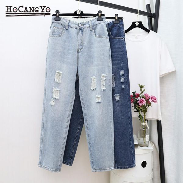 

women's jeans women denim pants trousers large size hole ripped harem for loose high waist distressed bleached cotton, Blue