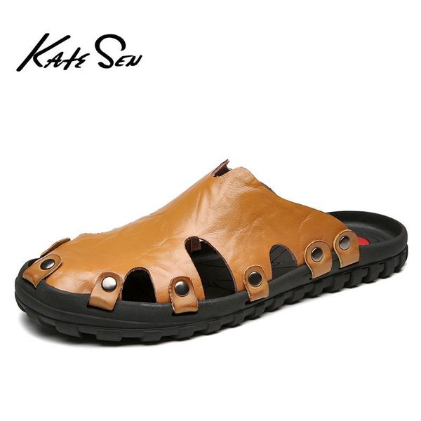 

slippers katesen brand arrival handmade cow genuine leather summer shoes fashion men beach sandals flip flops, Black