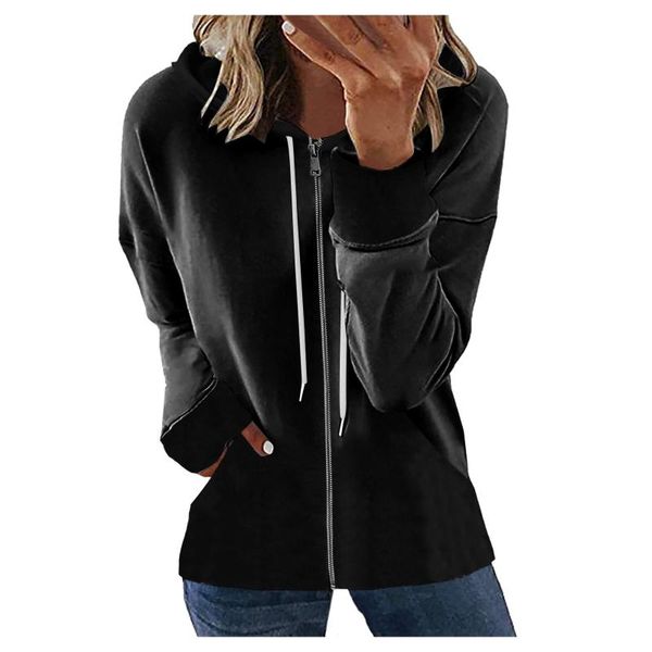 

women's hoodies & sweatshirts women black zip hoodie autumn winter full zip-up sweatshirt with hooded pure color hoody
