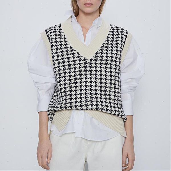 

women womens sweater fashion oversized knitted vest v neck sleeveless houndstooth loose female waistcoat chic, White;black
