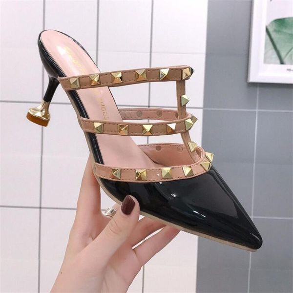 

patent leather pointed rivets after the air half slippers 2021 summer hollow stiletto high heel women sandals, Black