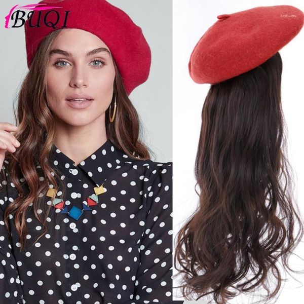 

beret with heat-resistant hair wig black brown long straight lady1