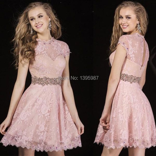 

party dresses short lace 2021 prom sheer high neck capped sleeves beaded cut out open back cocktail mini fashion, White;black