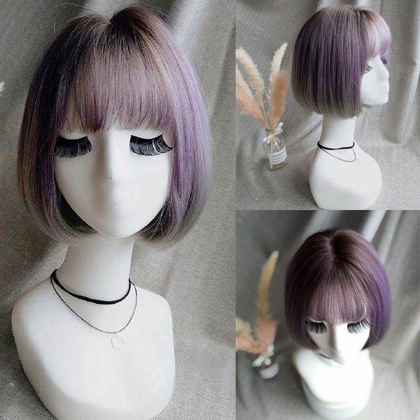 

synthetic wigs lanlan wig bangs gradient purple gray fashion short hair wave head realistic natural high temperature fiber ., Black